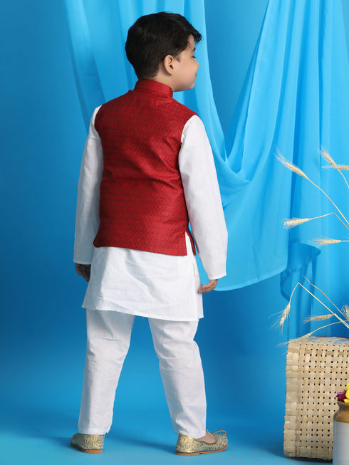 Boy's Maroon Woven Jacket With White Kurta And Pyjama Set